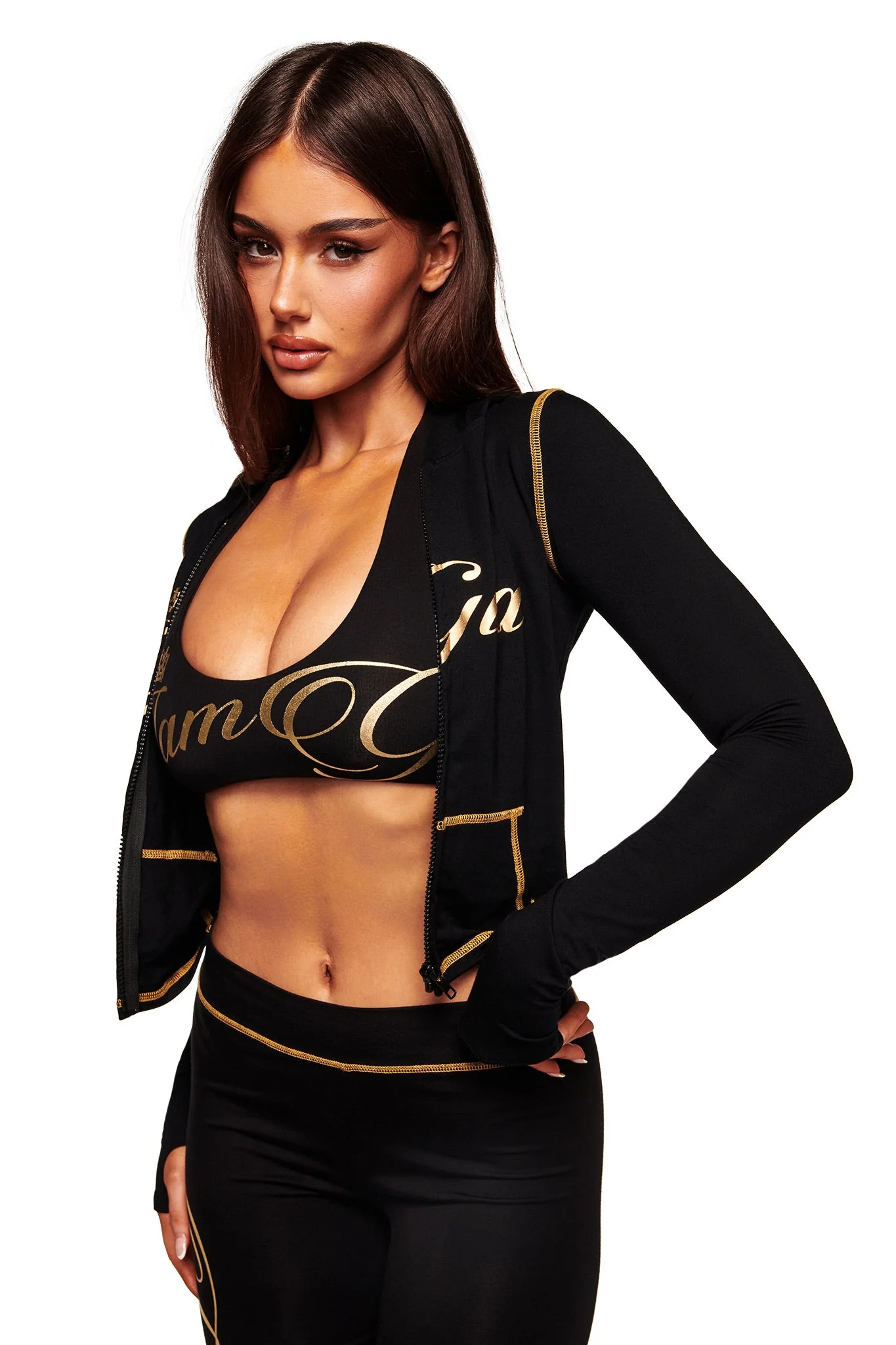 BLARE FORM HALTER CROP TOP - BLACK AND GOLD - Image 3