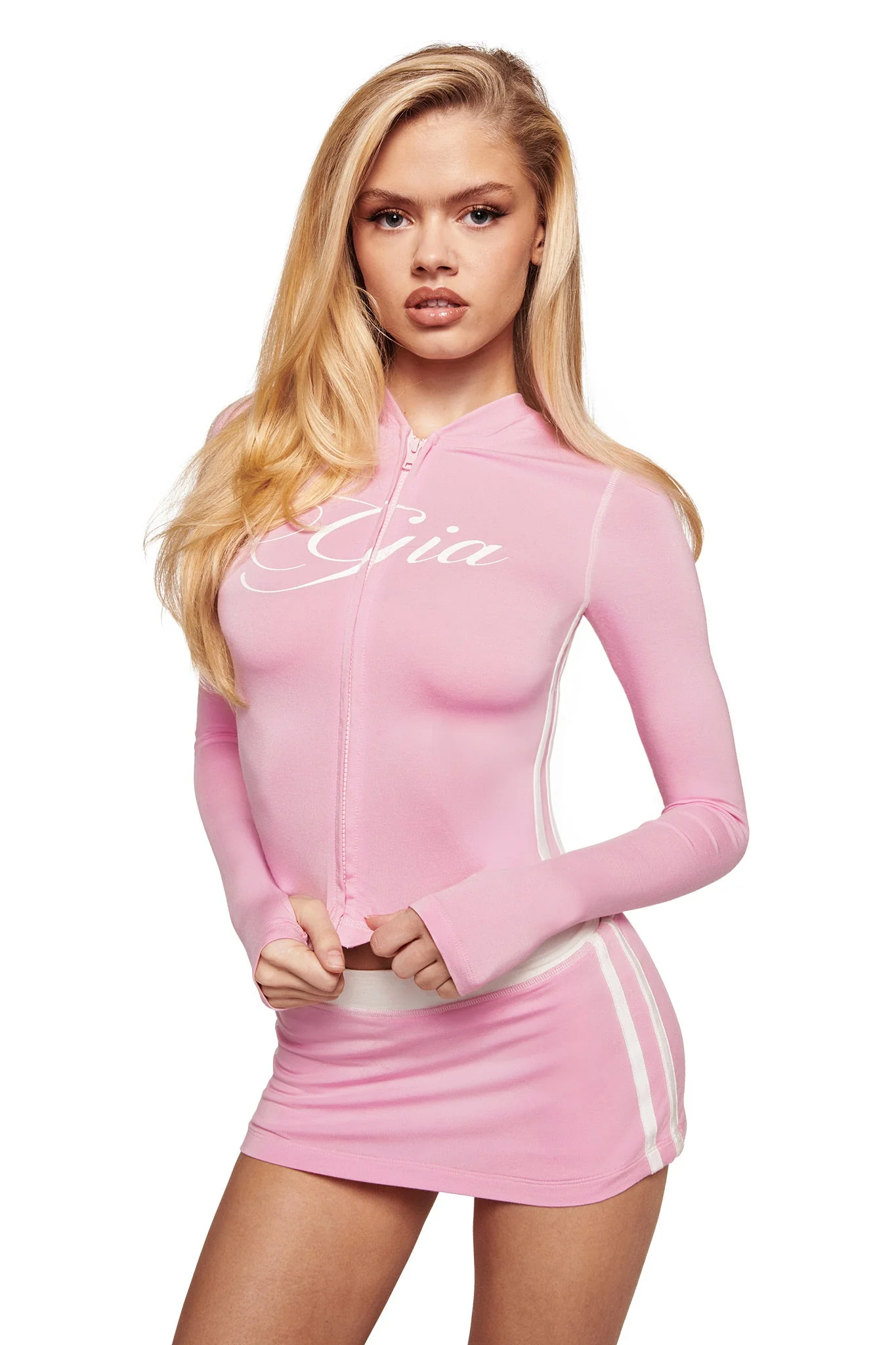 BLARE PIPING MICRO SKORT - BABY PINK AND WHITE - Image 2