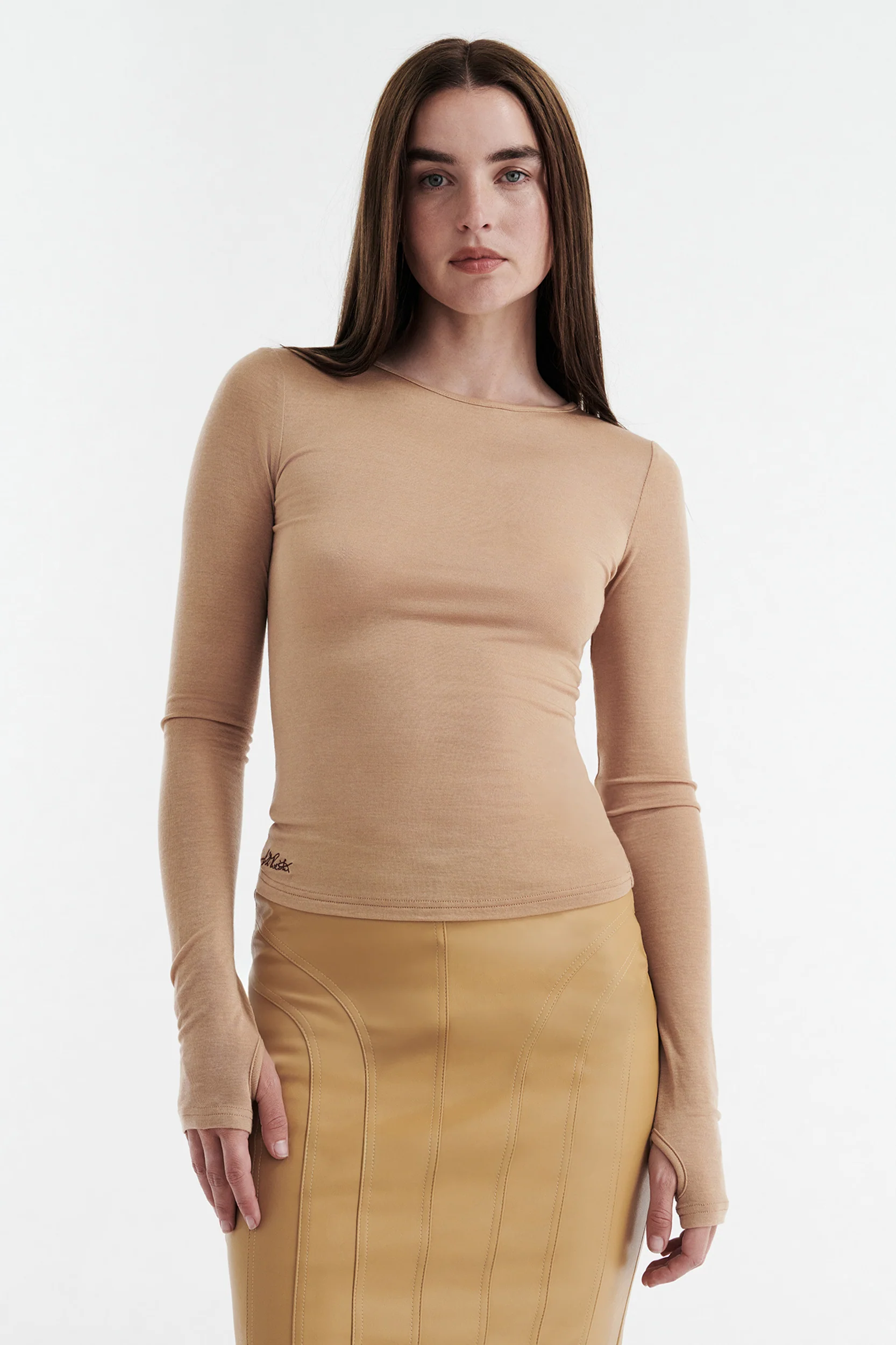 CLAUDIA LONG SLEEVE BASIC TOP - TAN - Image 2
