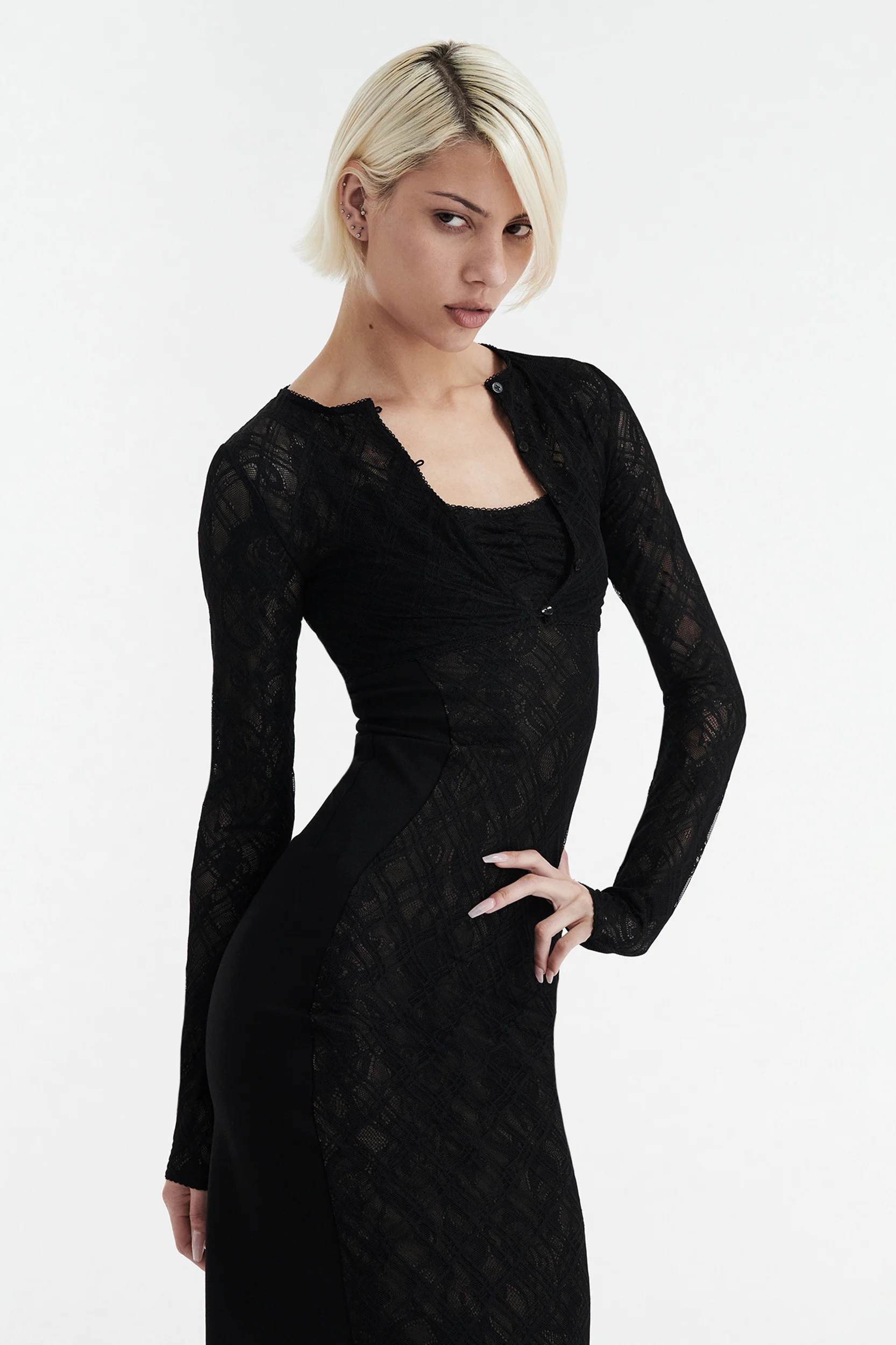 MARGOT TWO PIECE FITTED LACE MIDI DRESS - BLACK - Image 2