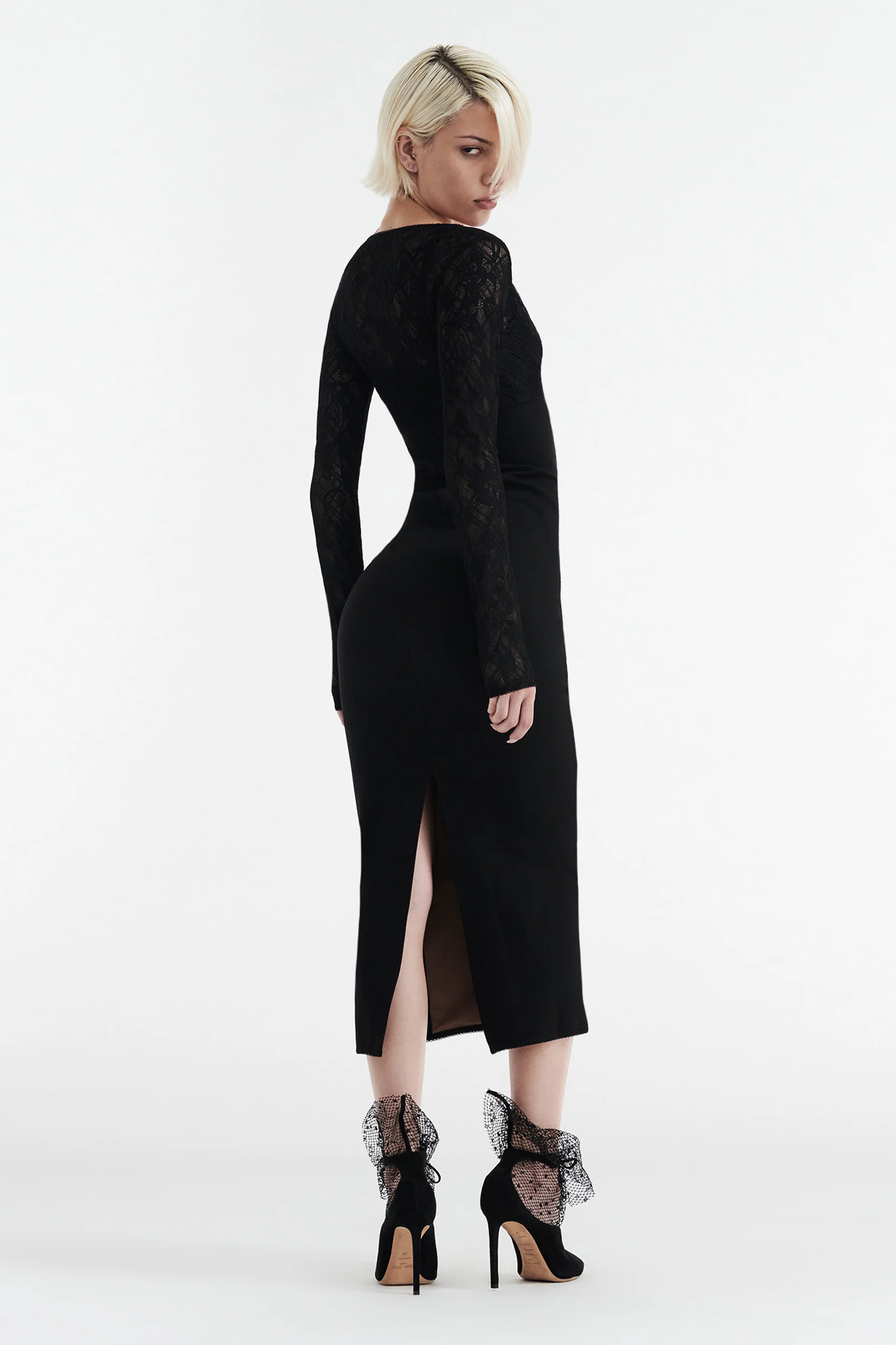 MARGOT TWO PIECE FITTED LACE MIDI DRESS - BLACK - Image 3