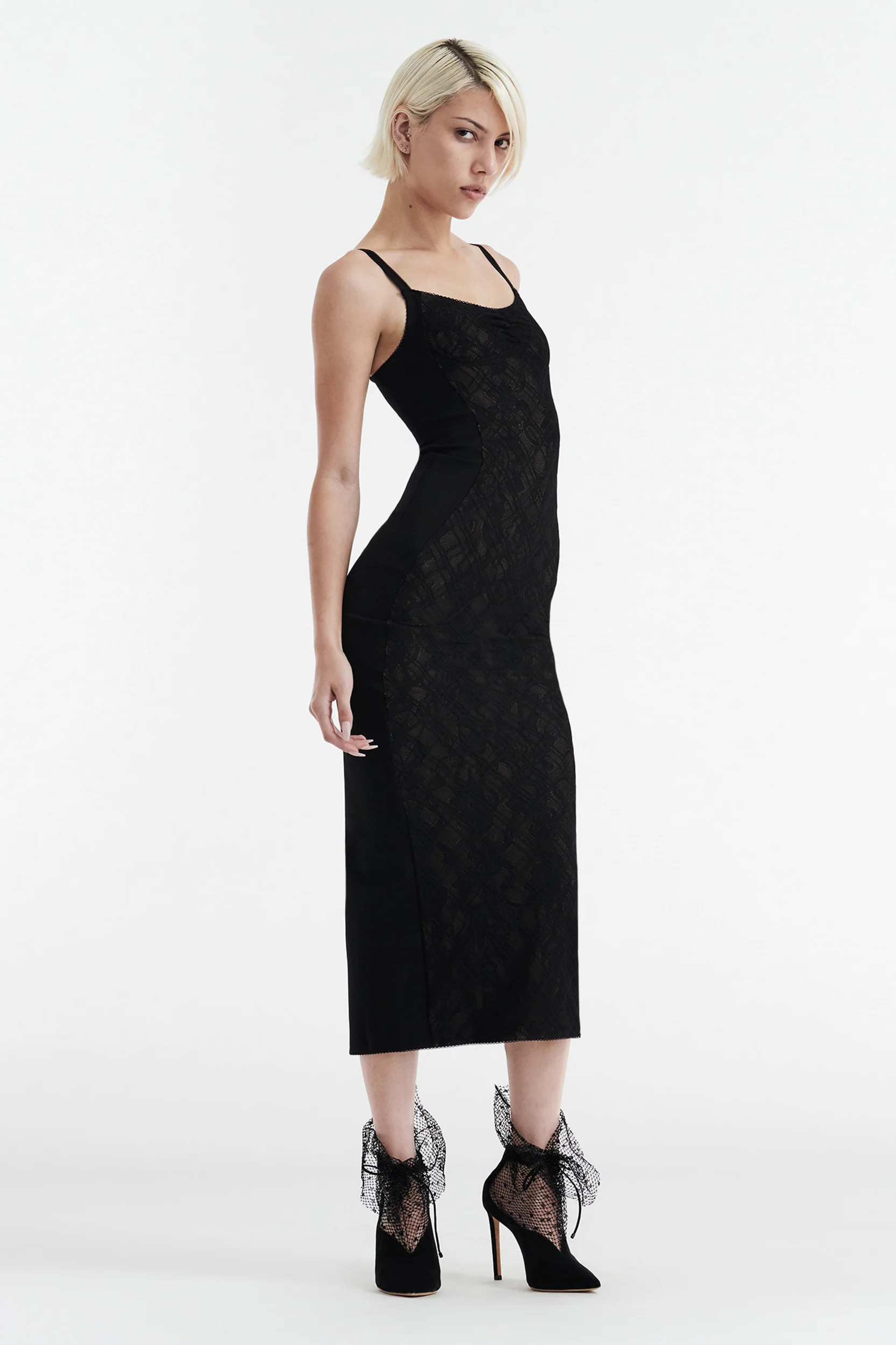 MARGOT TWO PIECE FITTED LACE MIDI DRESS - BLACK - Image 4