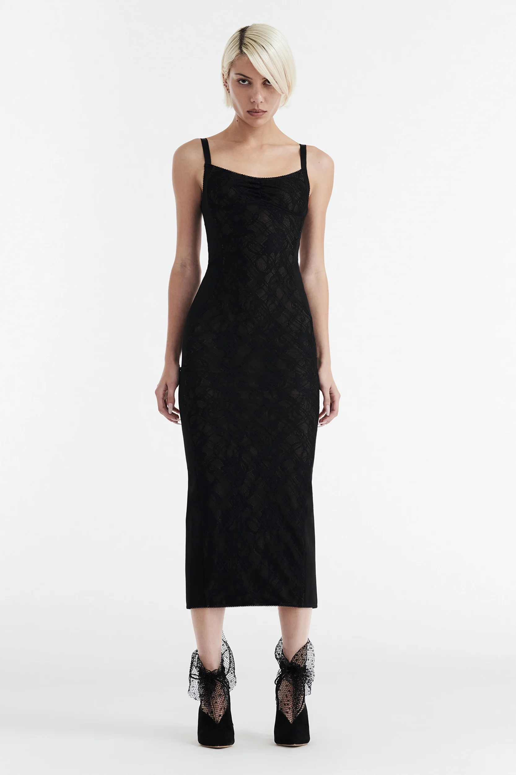 MARGOT TWO PIECE FITTED LACE MIDI DRESS - BLACK - Image 6