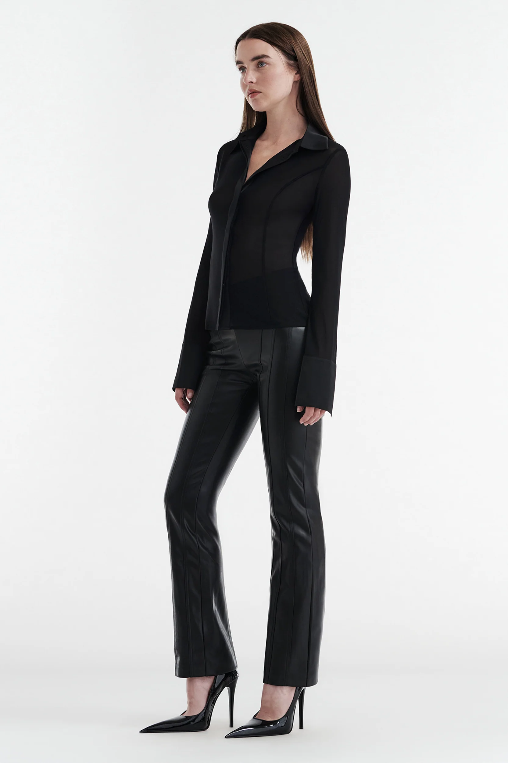 SOLANGE MESH LONG SLEEVE BUTTON UP SHIRT - BLACK - Image 3