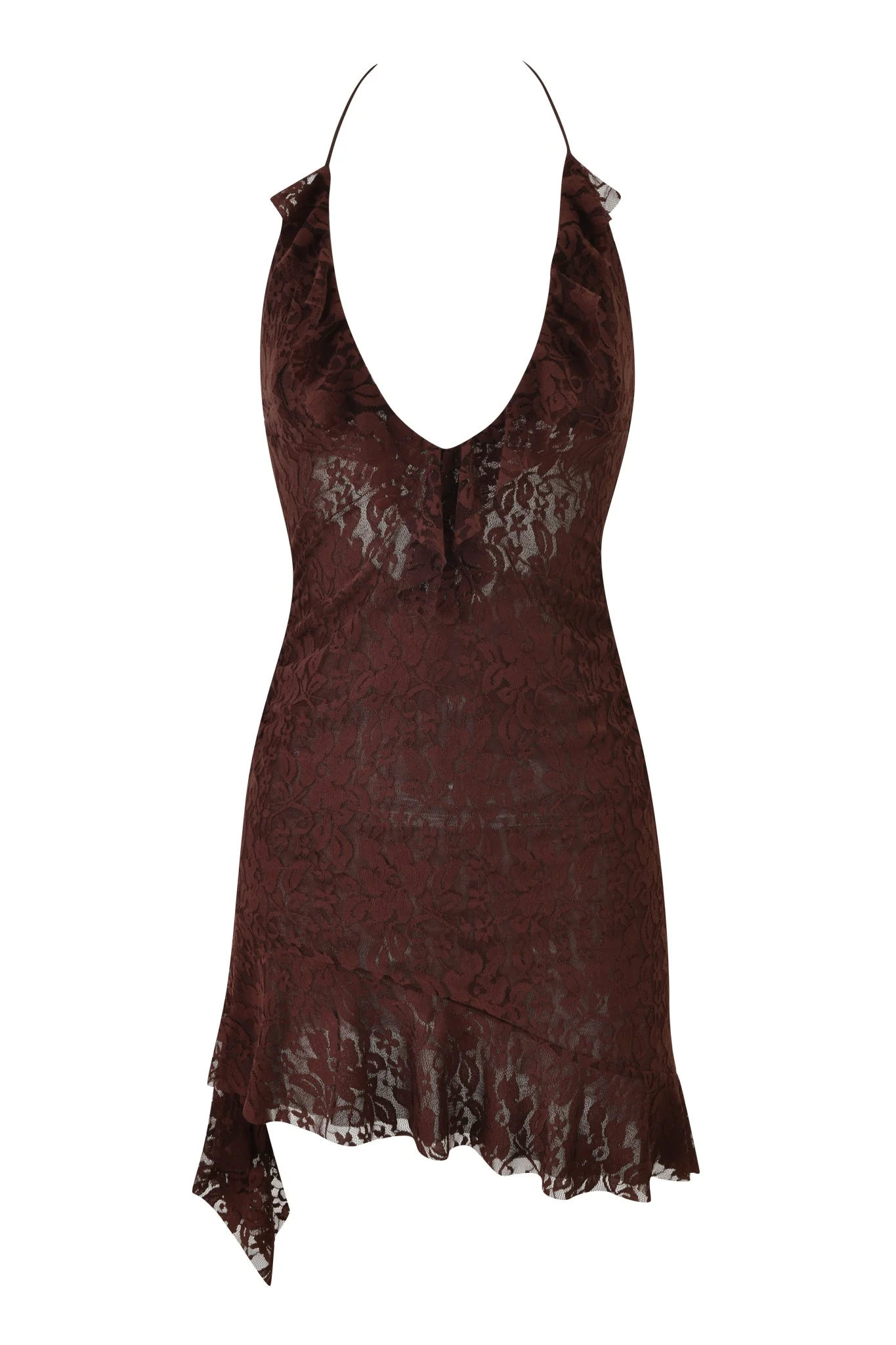 VIRA LACE HALTER RUFFLE MINI DRESS - BROWN : CHOCOLATE - Image 9
