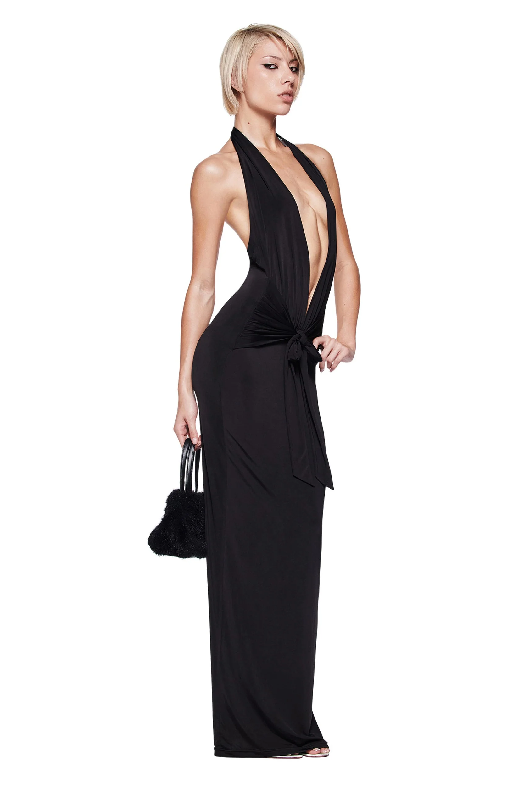 ZIVA PLUNGE TIE MAXI DRESS - BLACK - Image 6